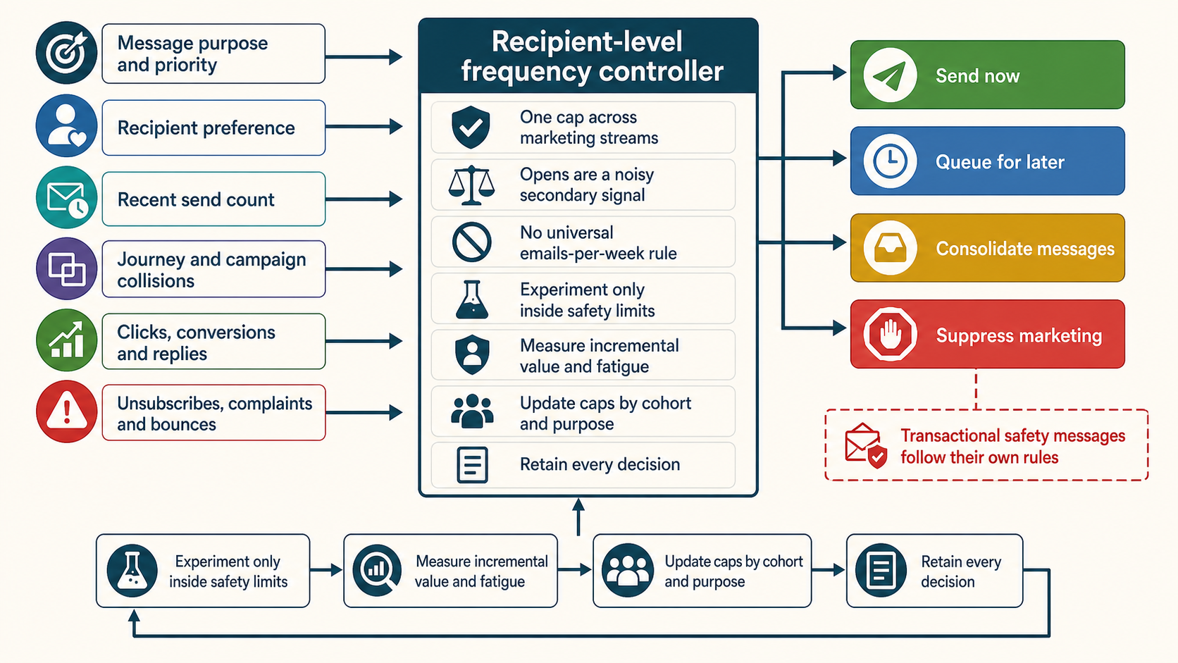 Email frequency controller combining permission preferences message priority recent contacts provider signals fatigue and suppression
