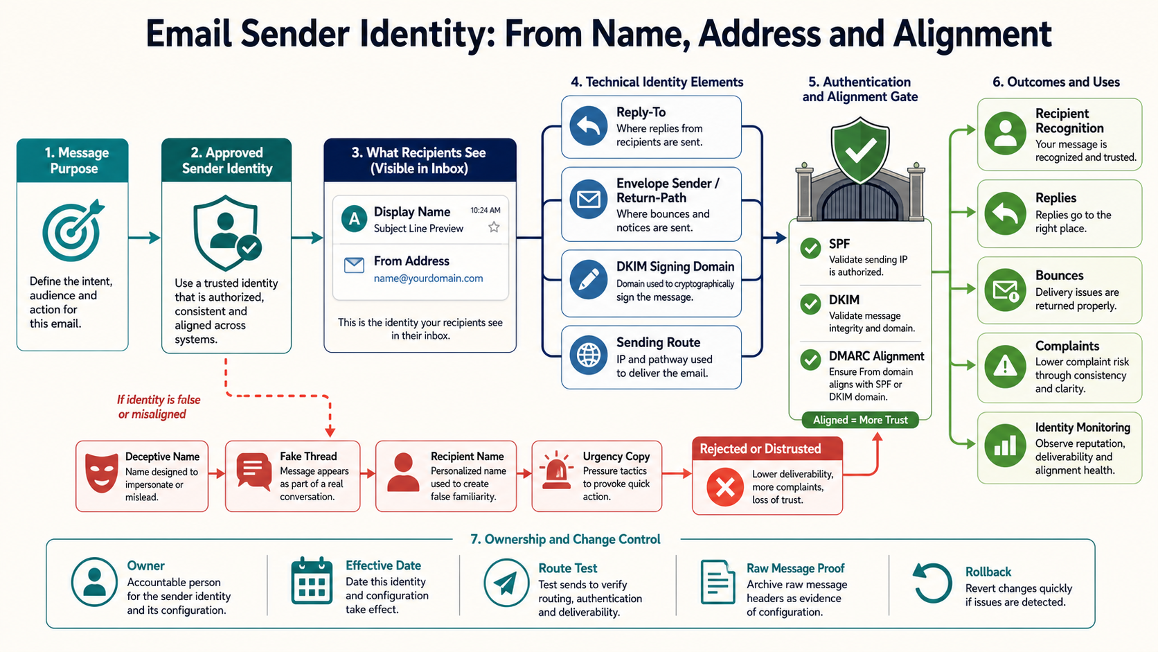 Labeled sender identity map connecting display name From address Reply-To return path DKIM domain DMARC alignment replies and governance