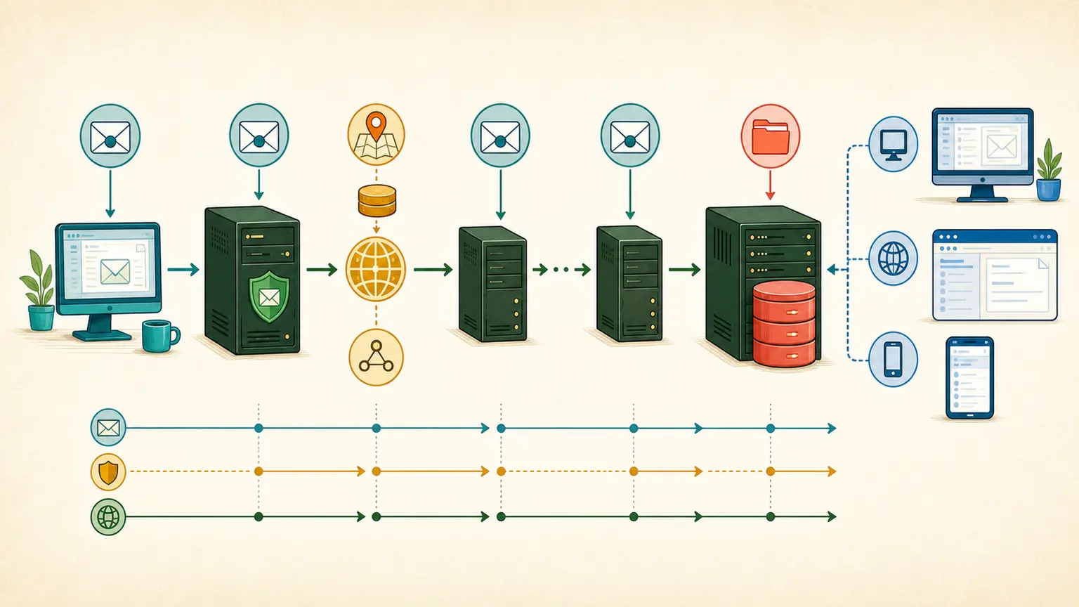 Color-coded email infrastructure path connecting a sender, outbound mail server, DNS, SMTP relays, recipient mailbox, and access devices