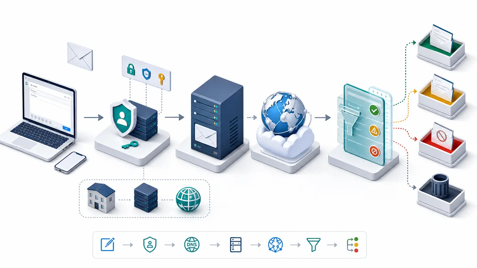 Complete email system from message creation and sender identity through mail transport, provider filtering, and mailbox outcomes