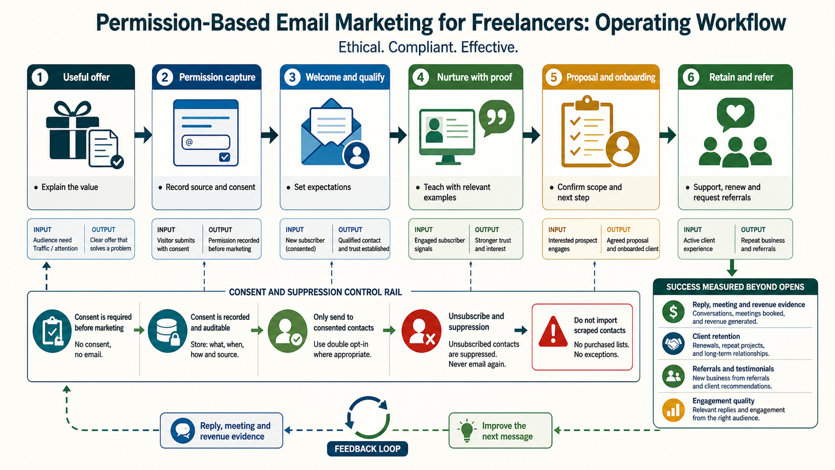Freelancer email acquisition system from authority content and consent capture through qualification proposal onboarding and referral