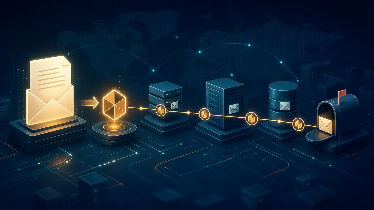 One email message receives an opaque identity token that remains connected as the message crosses several mail servers on its delivery path