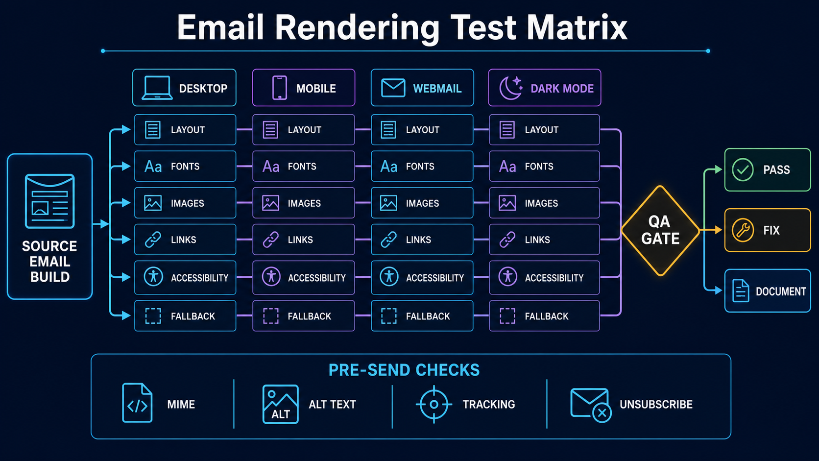 One source email enters a rendering test matrix for desktop, mobile, webmail and dark mode before layout, font, image, link, accessibility and fallback checks reach a QA gate