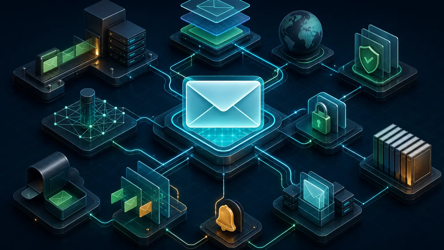 Connected email standards ecosystem linking message format, transport, DNS, authentication, security, mailbox access, filtering, and reporting layers