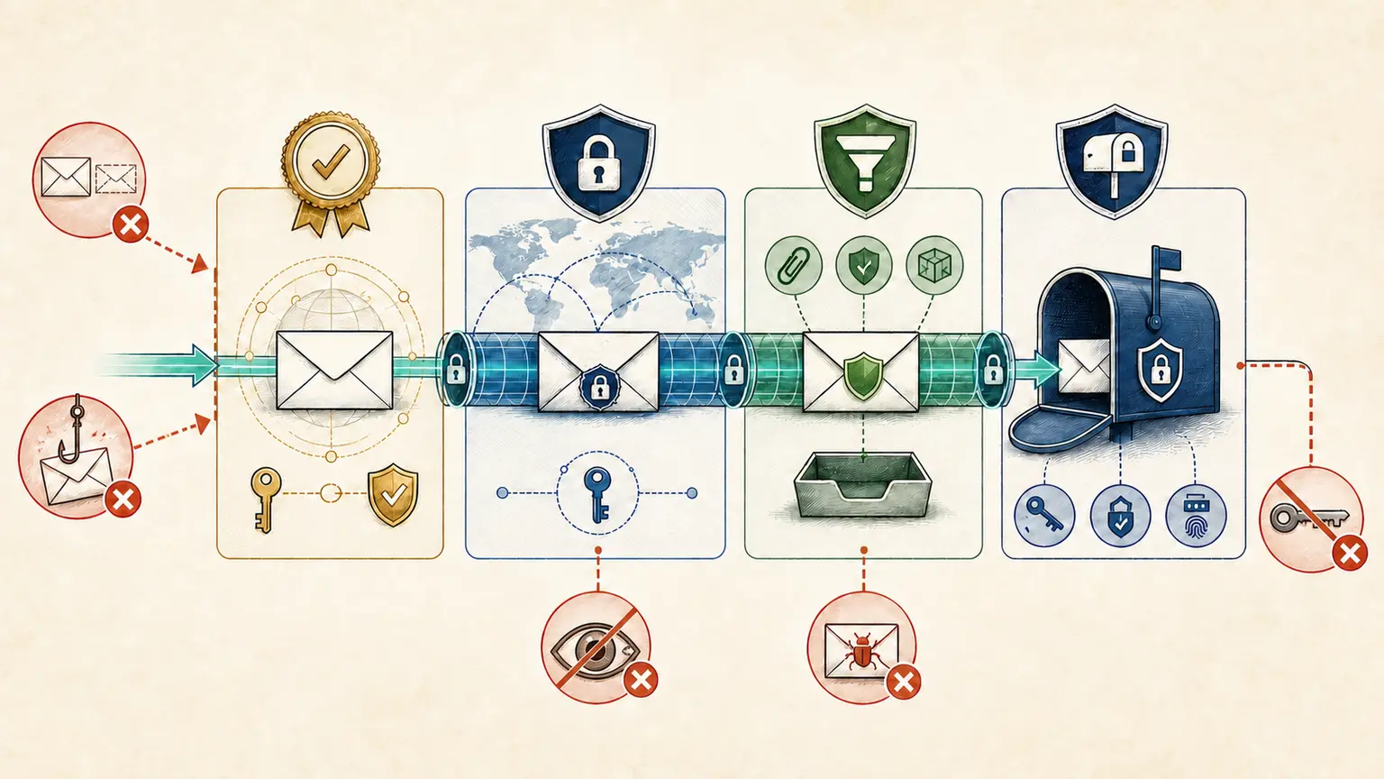 Layered email security path showing sender verification, encrypted transport, filtering, protected mailbox access, and blocked threats