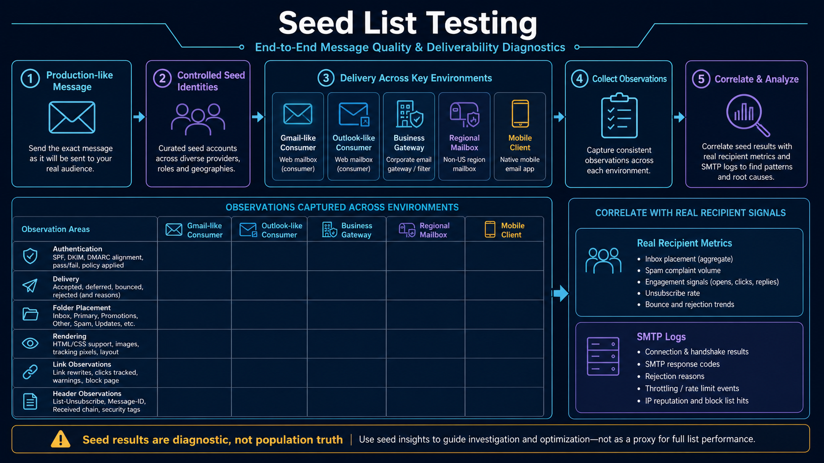A production-like email reaches controlled seed accounts across consumer, business, regional and mobile environments before observations are correlated with real-recipient and SMTP signals