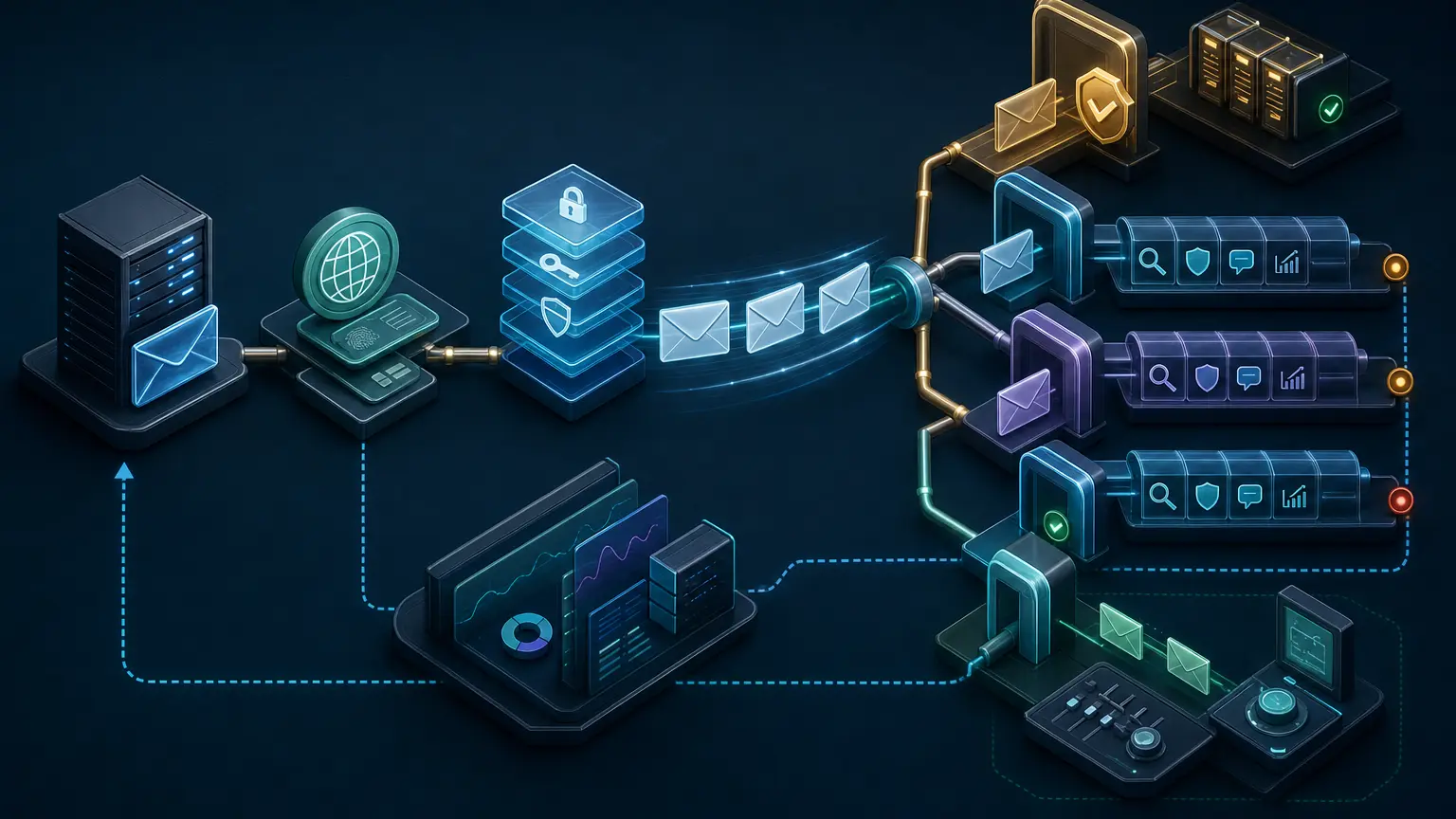 A bulk email sender identity moving through authentication and certification toward participating trust gates while independent receivers continue reputation and policy checks