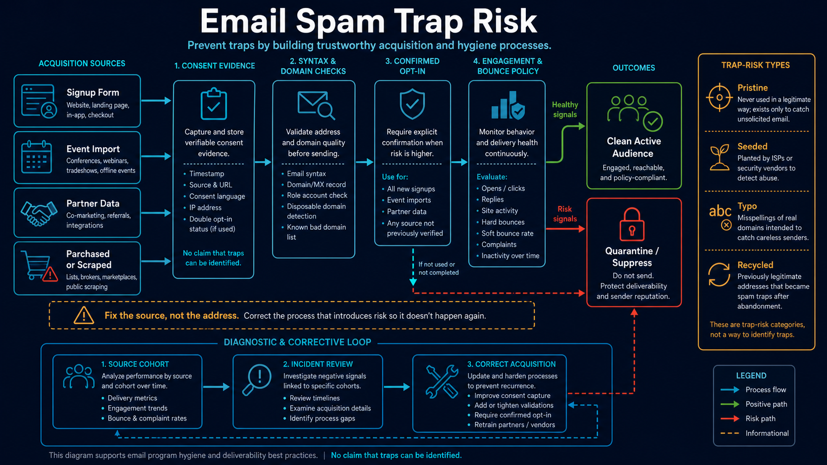Acquisition sources pass consent, syntax, confirmation and engagement controls before clean audiences or suppression, with pristine, seeded, typo and recycled trap-risk categories