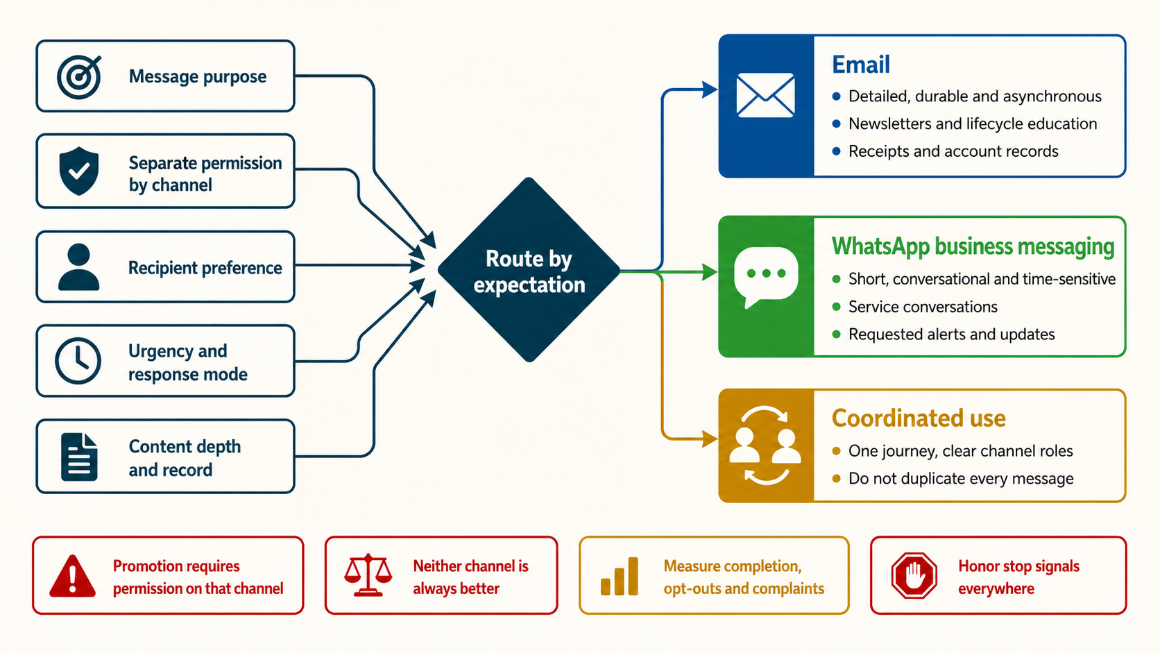 Channel decision system routing permissioned service lifecycle and promotional communication between email and WhatsApp based on purpose and preference