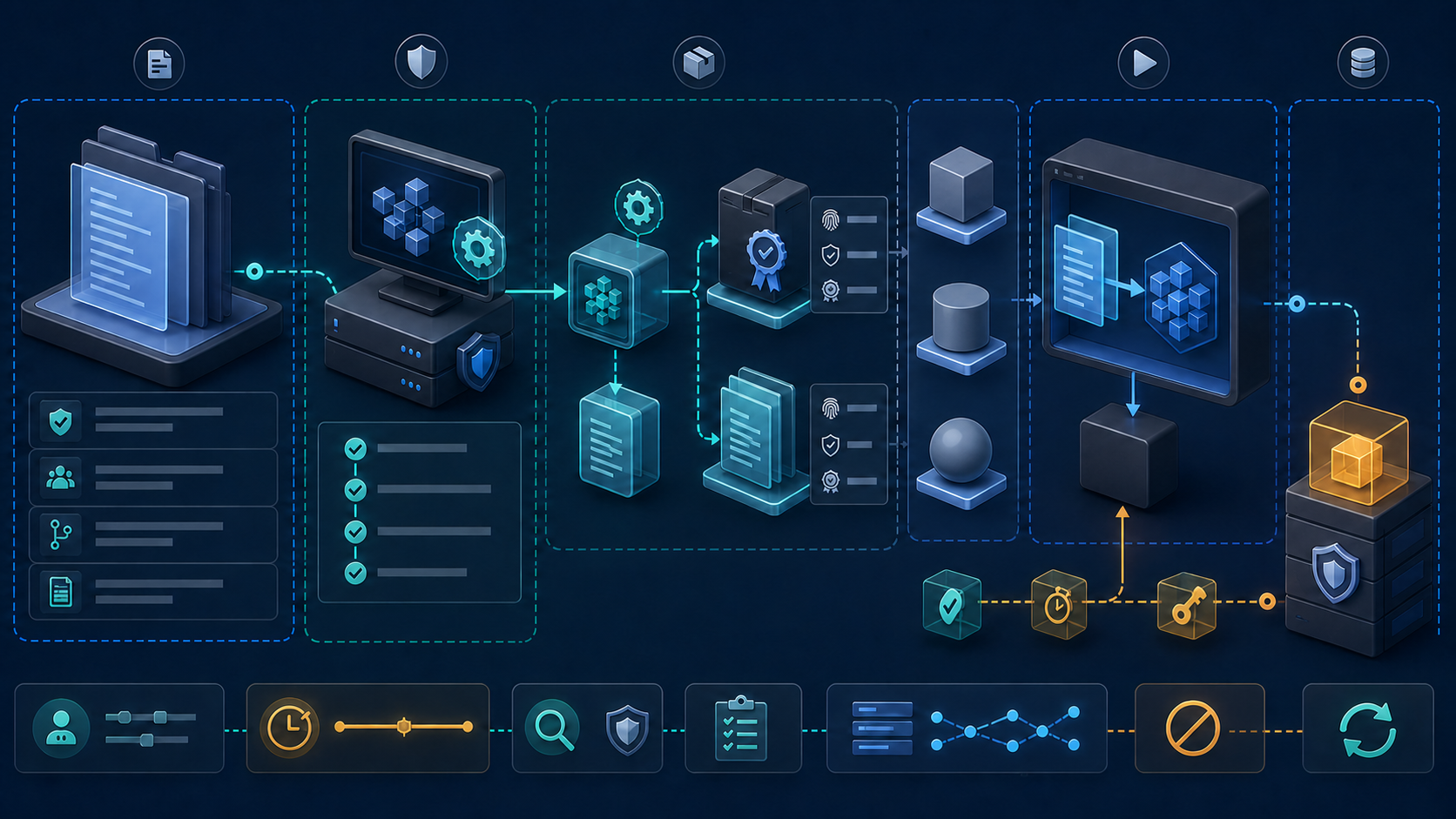 A shell script moves through controlled build and distribution stages while runtime logic remains observable and secrets arrive through a separate protected path