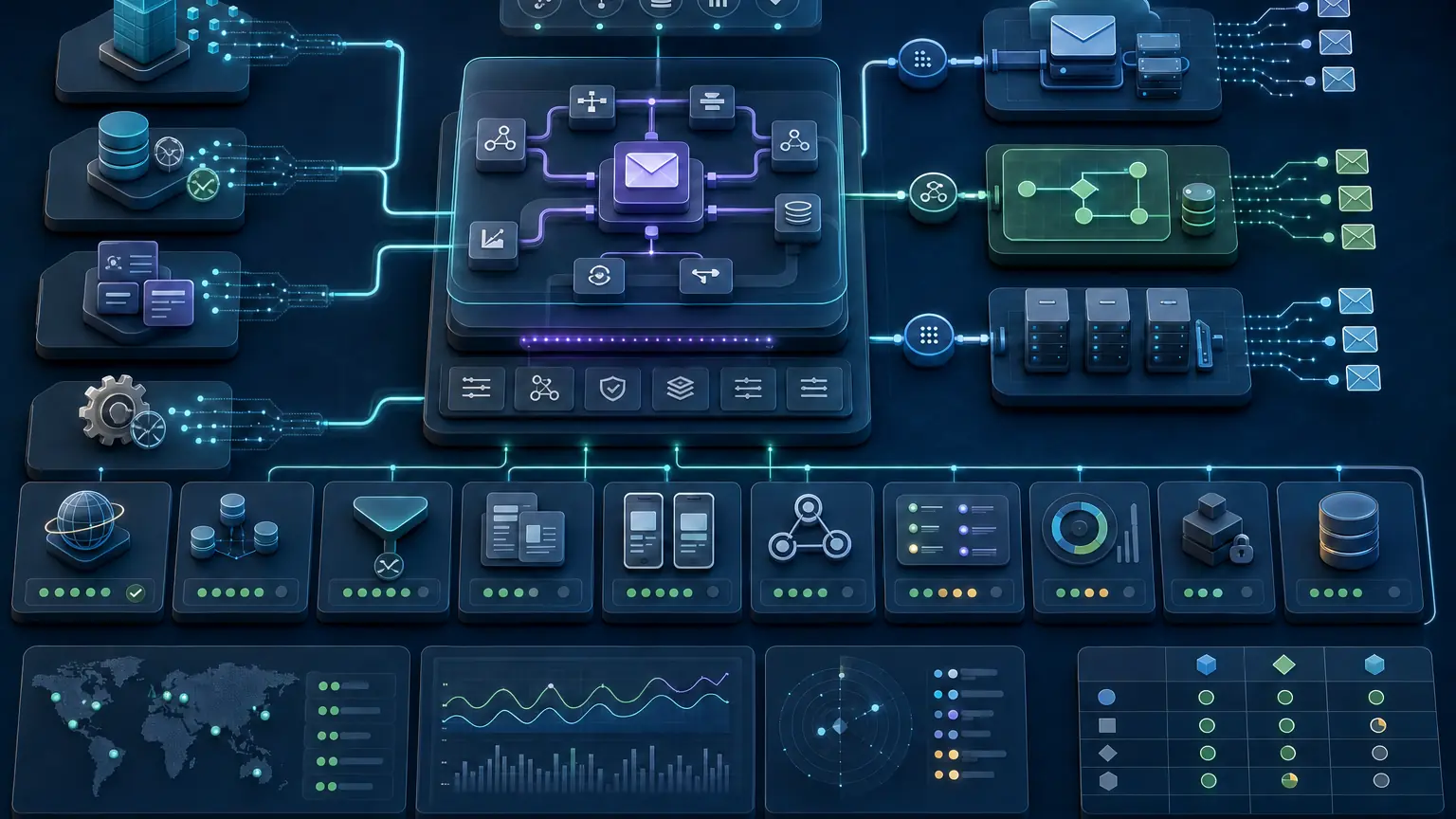 A modular email operations control plane connects customer data, content, and application events to managed delivery, marketing automation, and self-managed MTA paths
