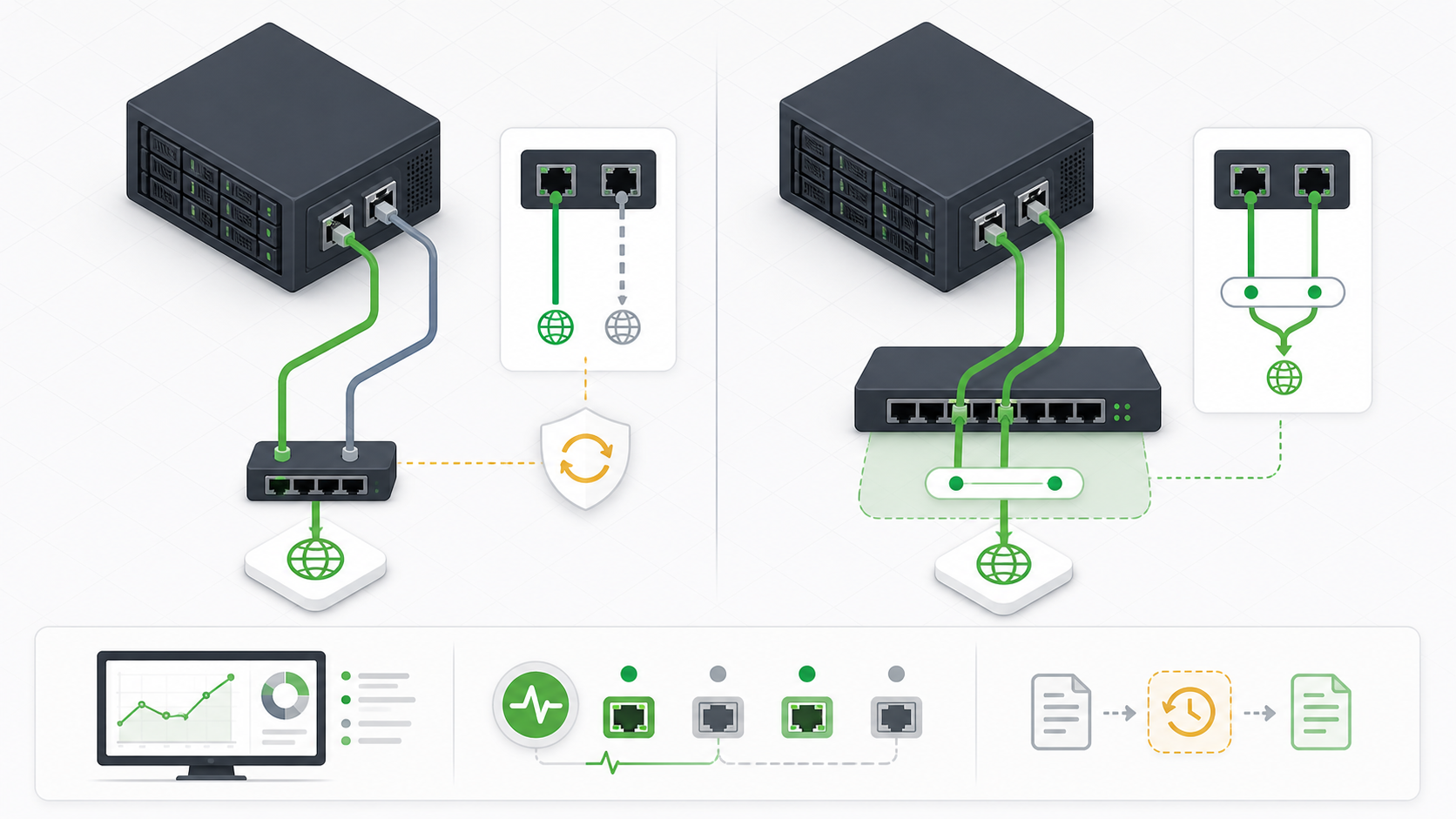 Two Linux server networking designs compare an active link with a standby failover path and a pair of active links grouped through an LACP switch