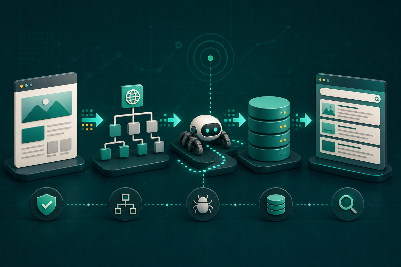 Website discovery workflow moving through sitemap structure, crawler processing, search index storage, and search results