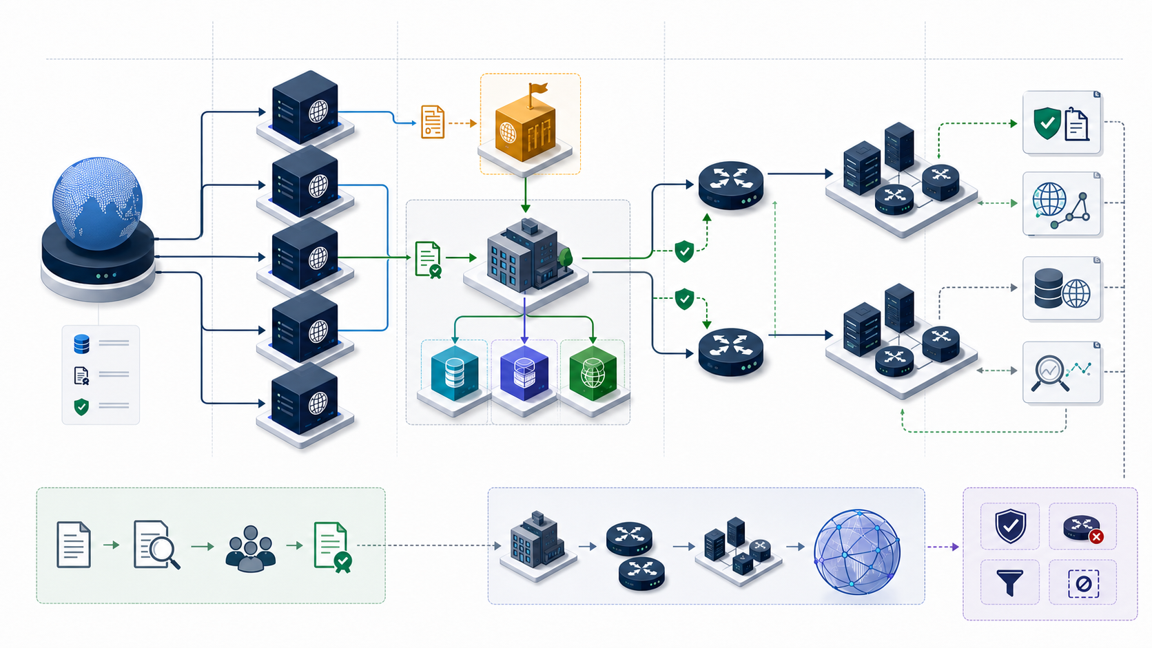 Internet number resources move through global, regional, and organizational approval before separate IPv4, IPv6, and ASN objects support a two-upstream network with routing security and monitoring