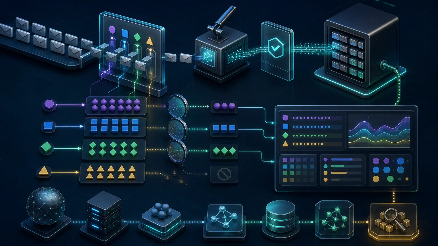 Email traffic receives four privacy-safe identifier tags, passes a controlled signing and verification path, and returns only aggregate complaint signals for operational investigation