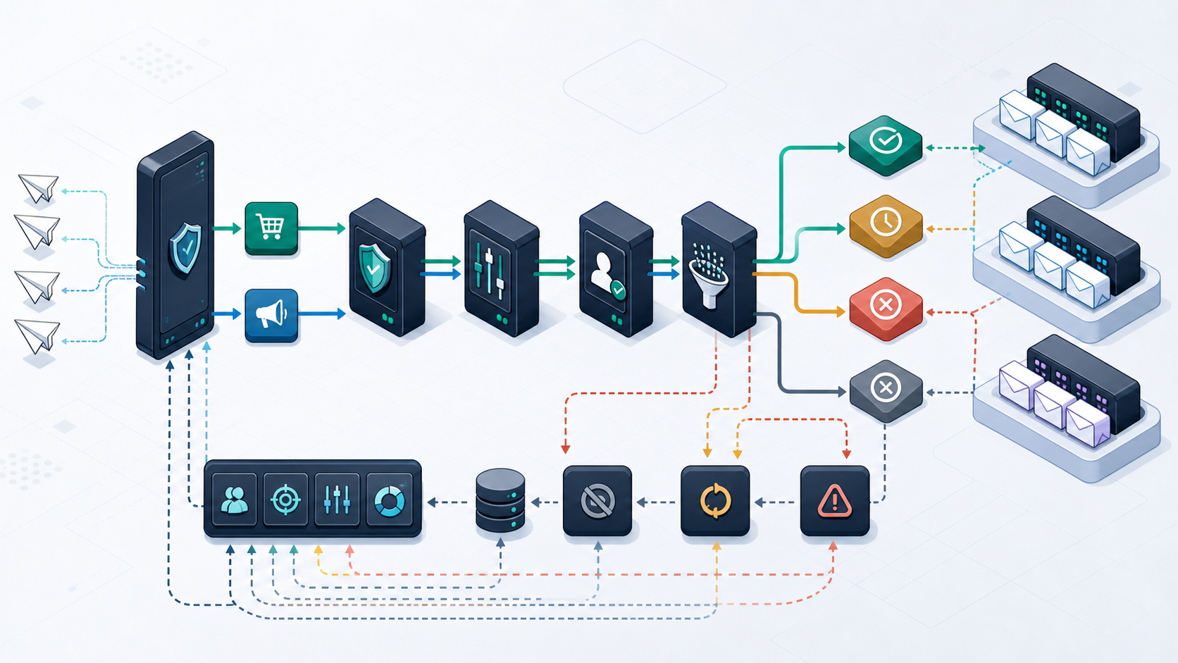 Authenticated transactional and promotional email streams pass through identity, volume, recipient and reputation controls before reaching three mailbox groups with complaint and SMTP feedback loops