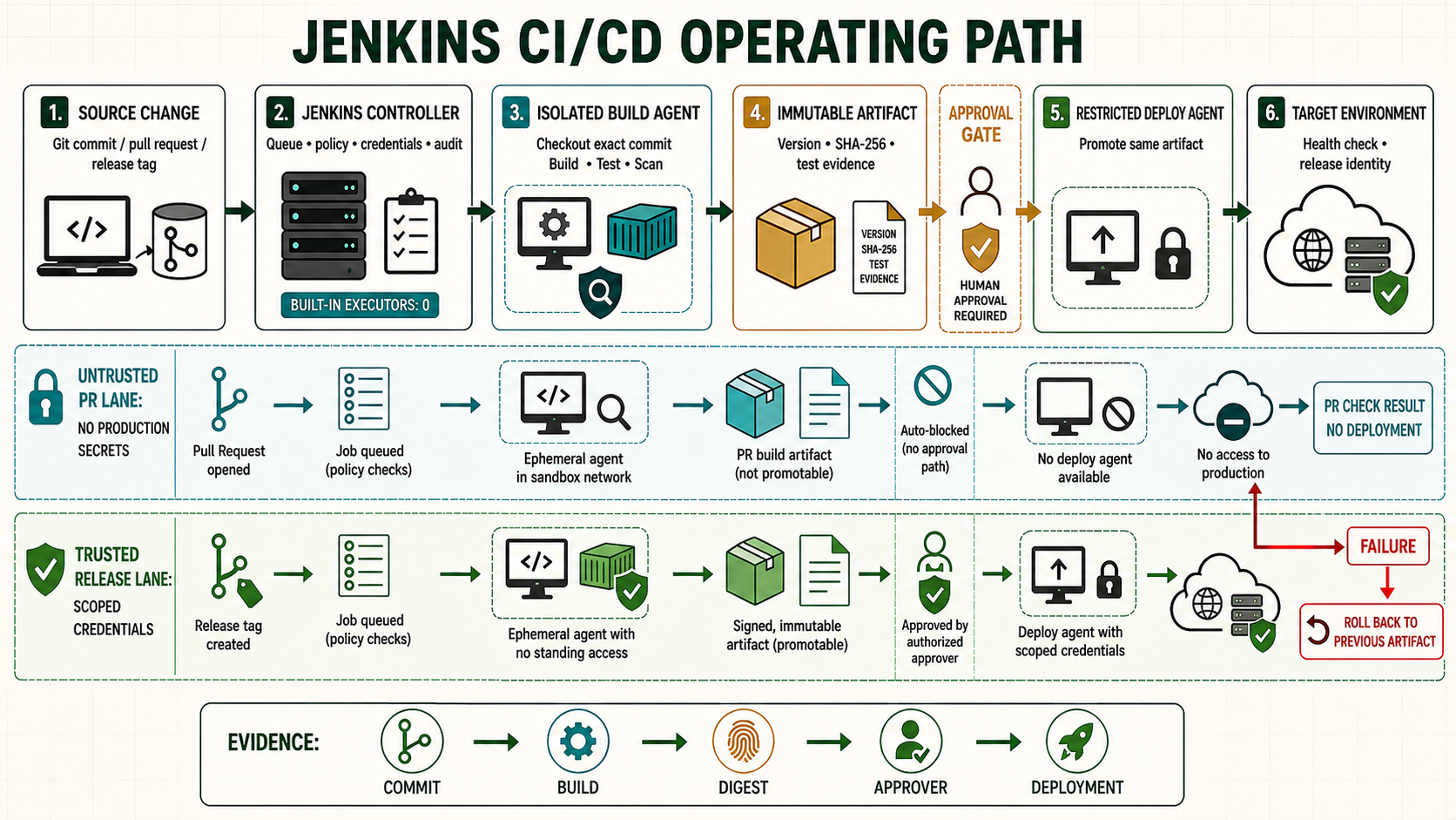 Labelled Jenkins CI/CD path separating untrusted pull request validation from trusted immutable artifact approval deployment monitoring and rollback
