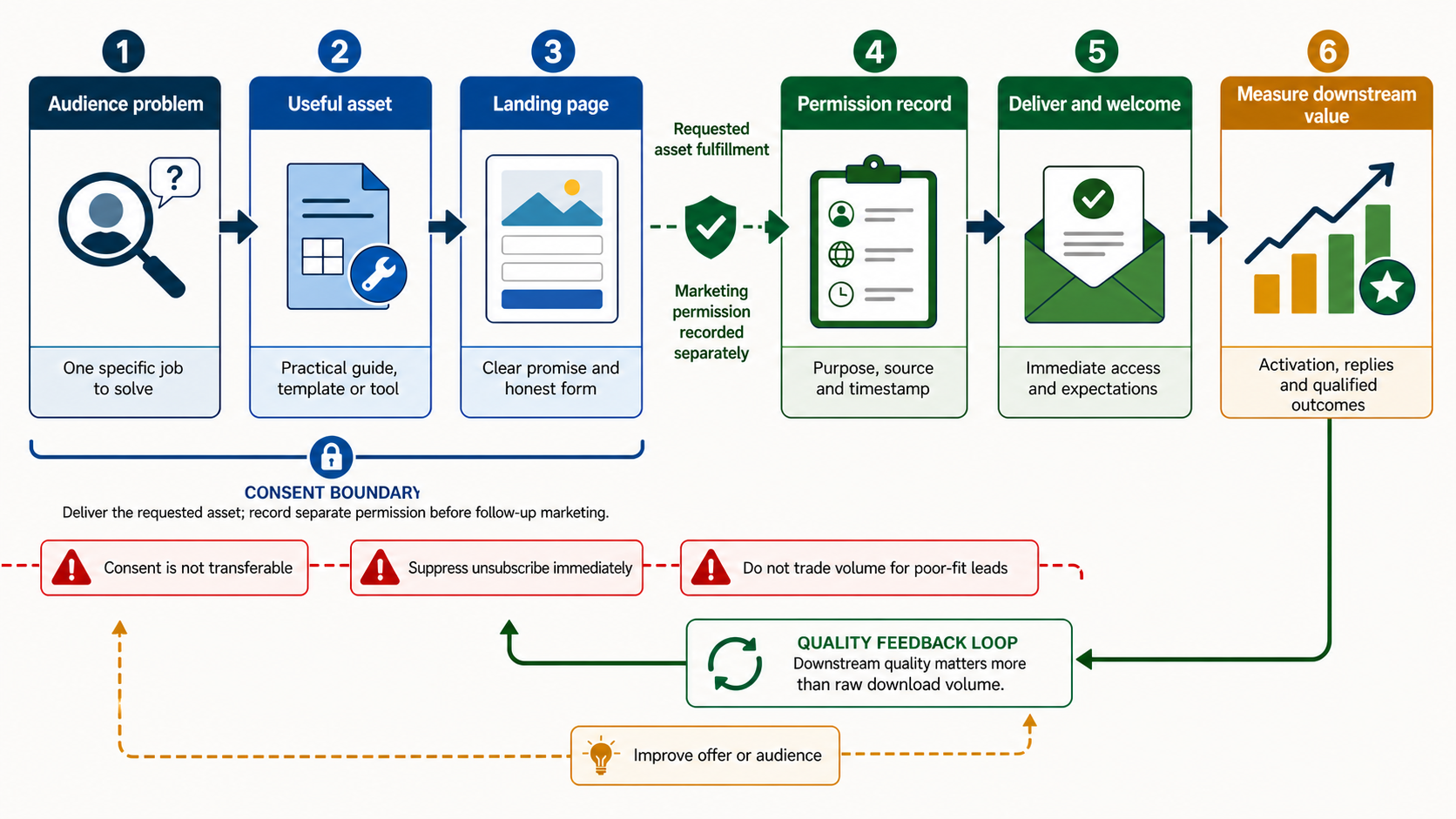 Lead magnet system mapping a specific audience problem to useful asset consent delivery qualification and next step