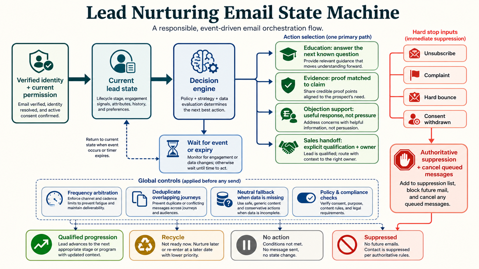 Lead nurturing journey from permission and intent signals through education proof objection handling sales handoff recycle and suppression