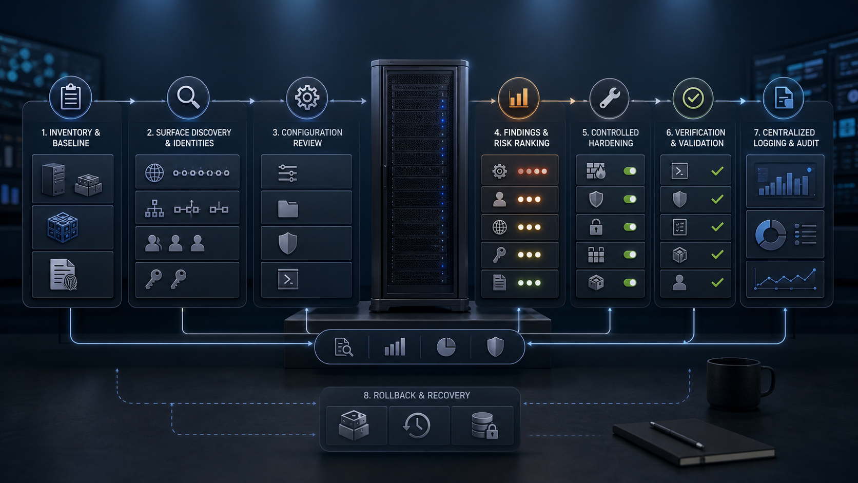 A Linux server security workflow moves from inventory and surface discovery through configuration review, risk ranking, controlled hardening, verification, centralized audit logging, and rollback