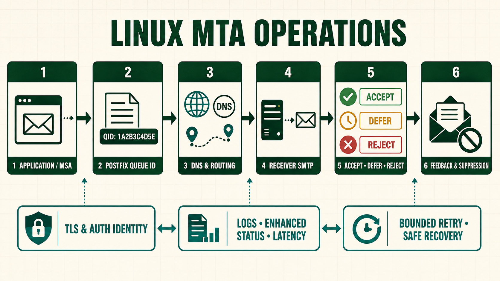 Labelled Linux MTA course path highlighting MariaDB virtual domains mailboxes aliases least privilege SQL lookups and recovery testing
