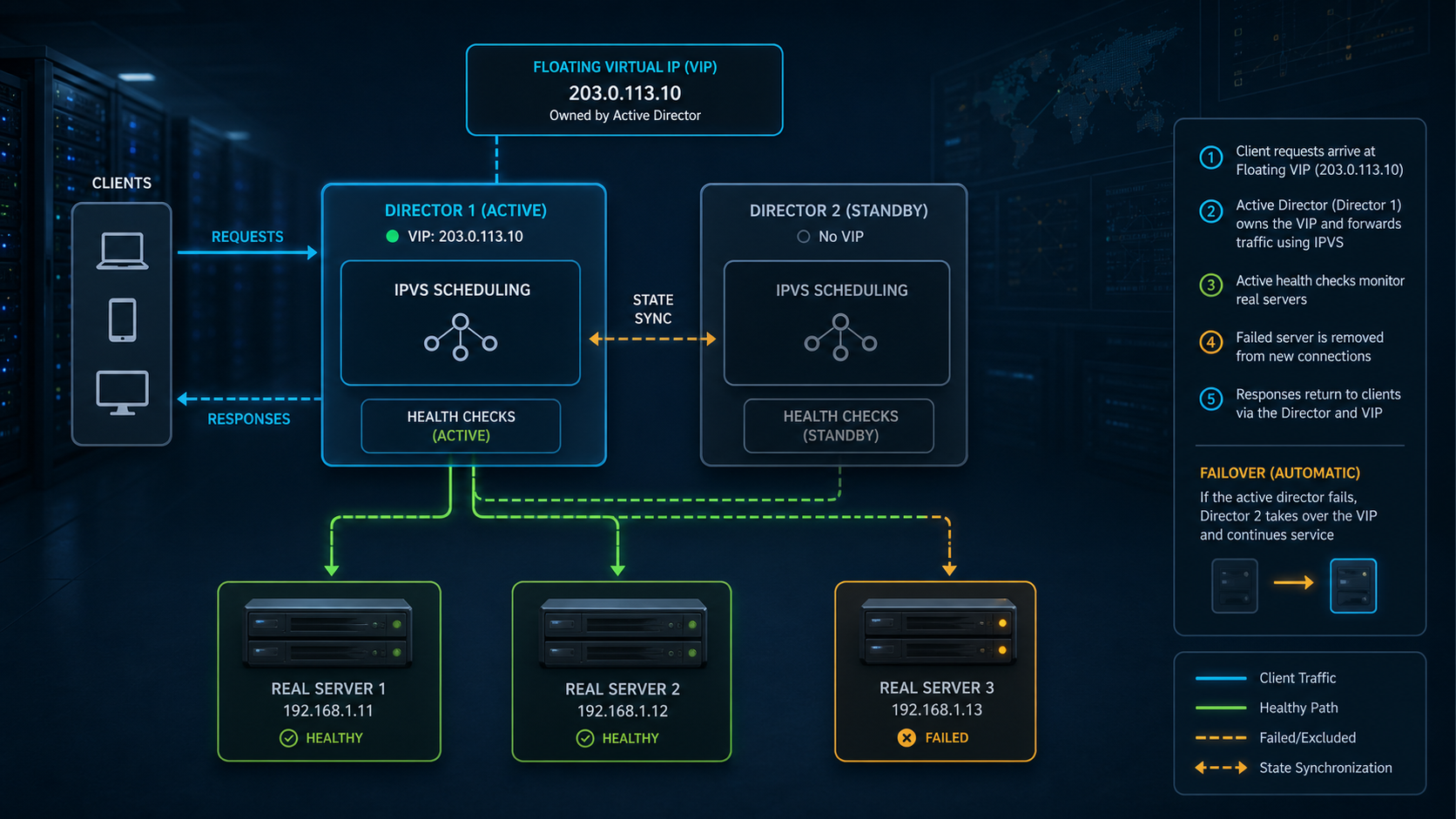 Client traffic enters one floating virtual IP owned by an active Linux IPVS director, while a synchronized standby director and health checks protect multiple real servers