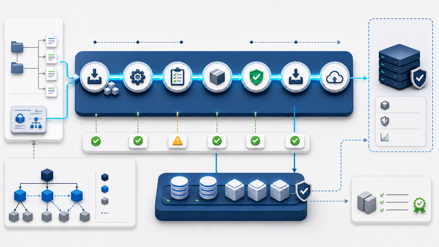 Java source and project configuration move through dependency resolution, compile, test, package, verify, install, and controlled artifact publication with quality gates and repositories