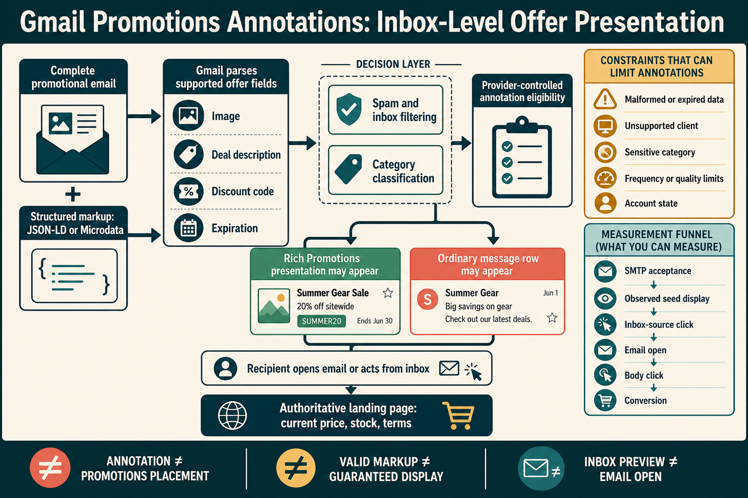 Labelled Gmail Promotions annotations diagram showing email markup parsing, classification, eligibility, inbox presentation, recipient action and measurement boundaries