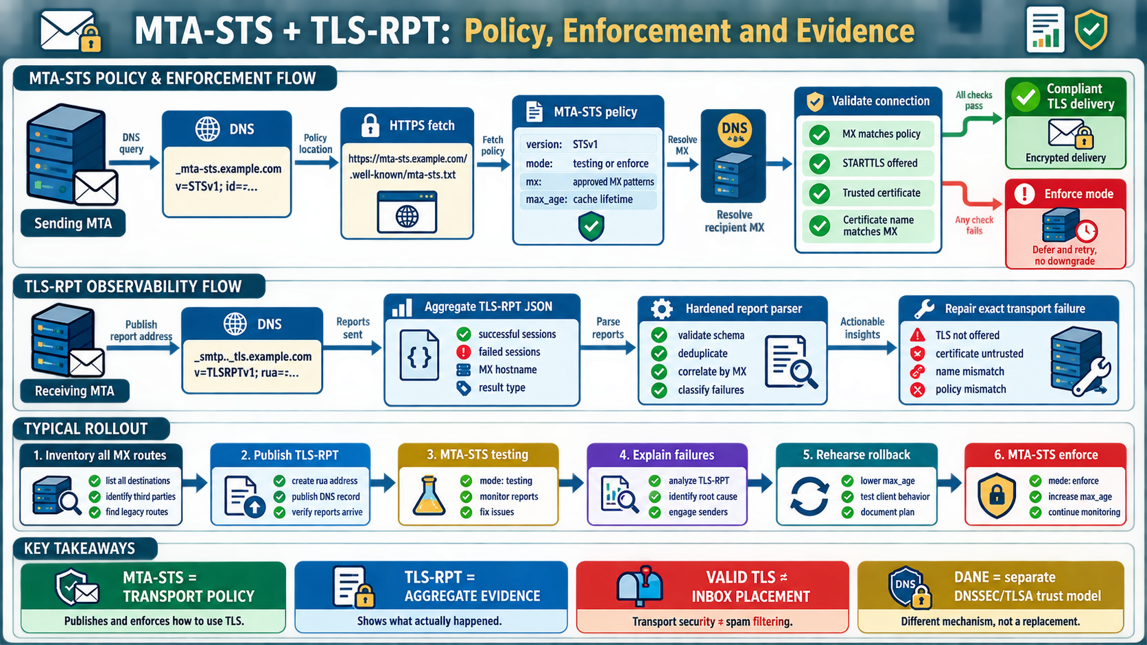 Labelled MTA-STS and TLS-RPT diagram showing DNS discovery, HTTPS policy retrieval, MX and certificate validation, TLS delivery, aggregate reports and rollback controls