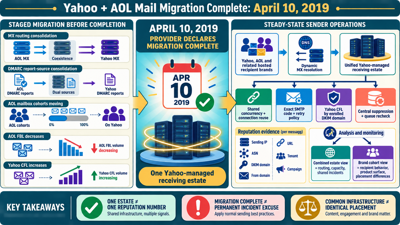 Labelled Yahoo and AOL mailbox migration completion diagram showing unified receiving infrastructure, current sender evidence, reputation layers and operational controls