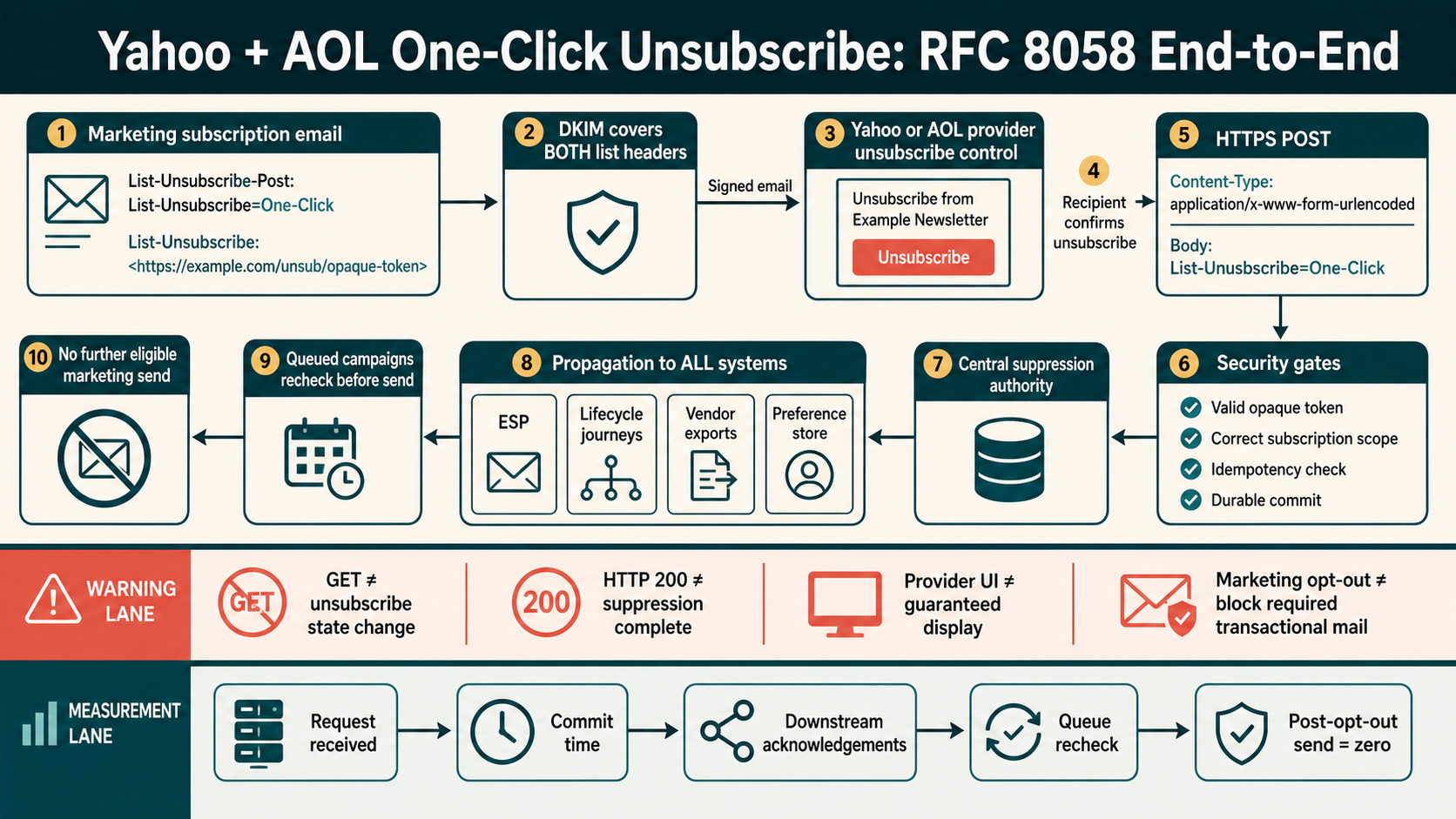 Labelled Yahoo and AOL RFC 8058 one-click unsubscribe diagram showing signed headers, provider action, secure POST, central suppression, queue recheck and audit evidence
