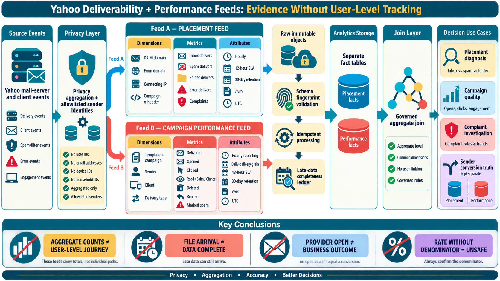 Labelled Yahoo deliverability and performance feed diagram showing provider mail-server events, placement and campaign feeds, aggregation, data pipeline and decisions