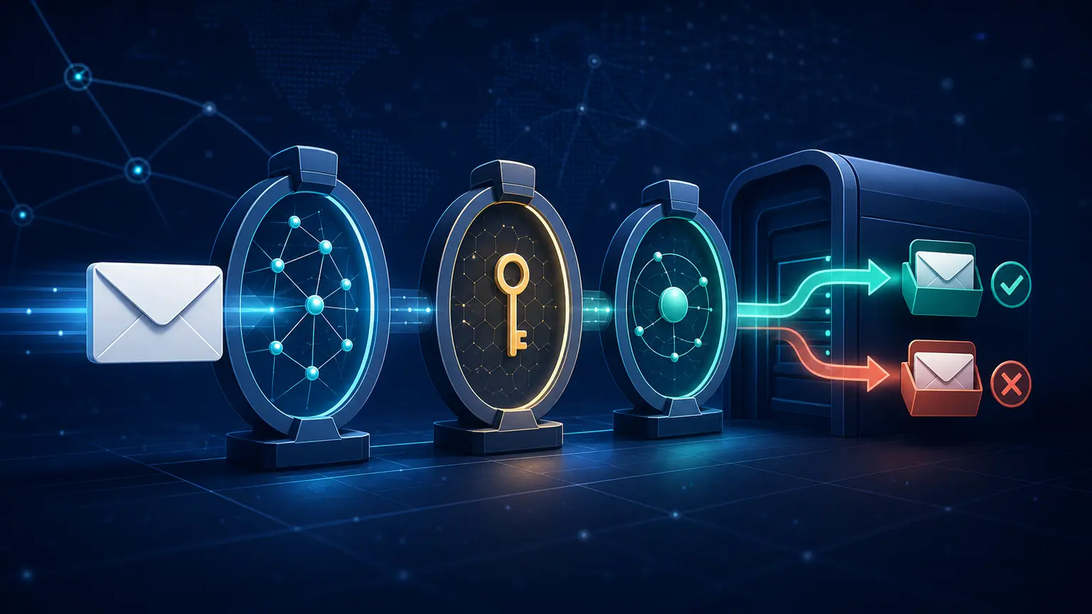 An outbound email passes through three authentication checkpoints before a mailbox gateway accepts or rejects the message