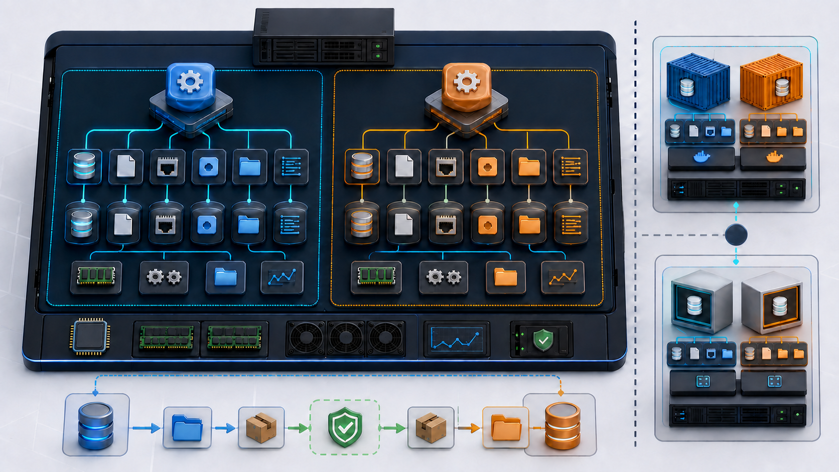 One server contains two isolated database-version stacks with separate binaries, data, configuration, ports, sockets, logs, memory, services, and backup paths