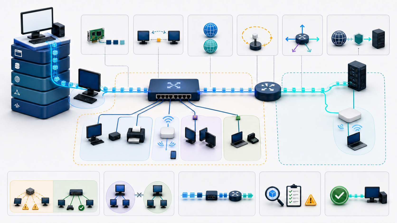 Layered application traffic becomes Ethernet frames, crosses a switch and router between subnets, and connects wired, wireless, VLAN, IPv4, IPv6 and NAT concepts