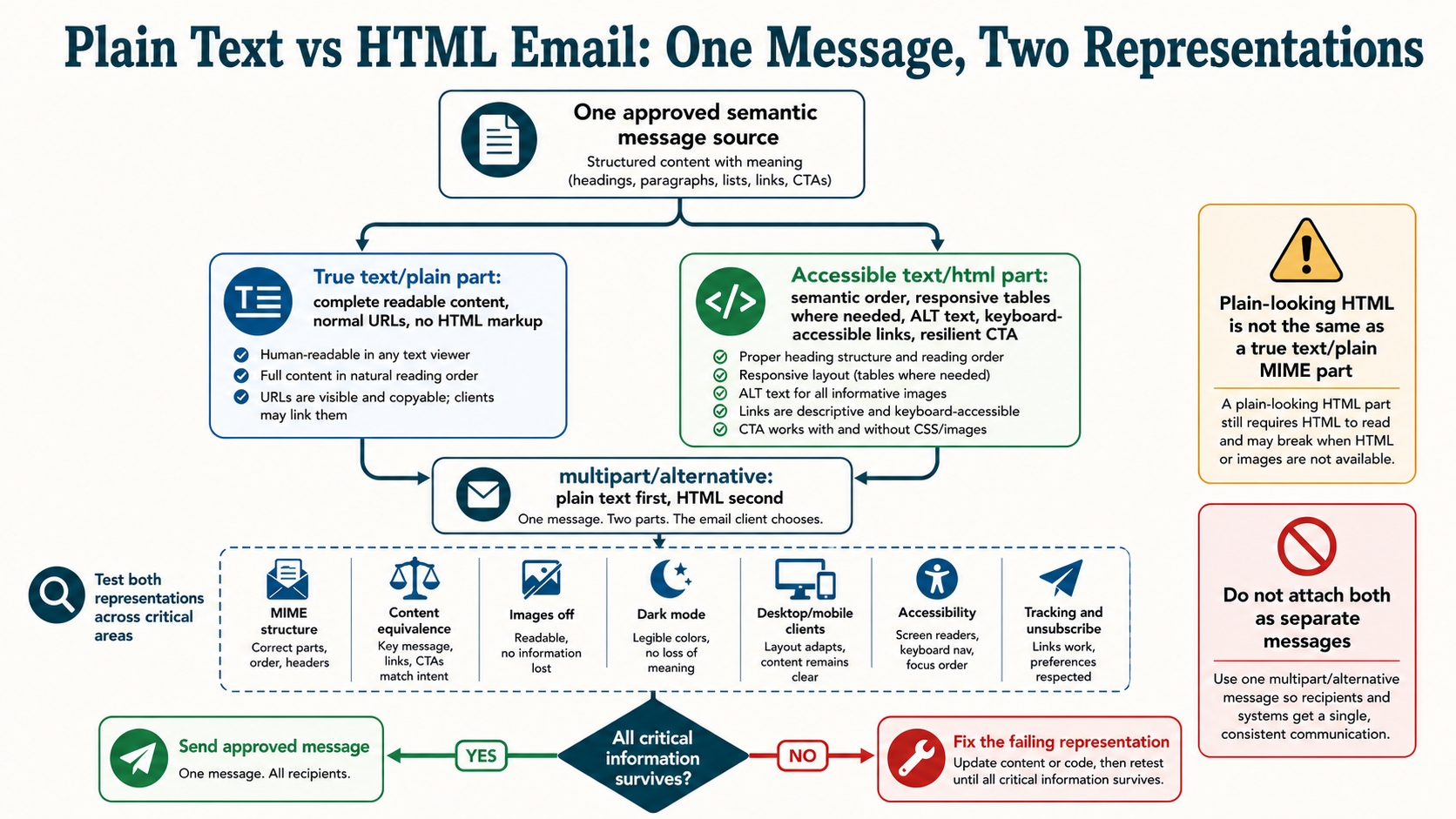 Email format decision branching from message purpose to true plain text multipart alternative and accessible responsive HTML with rendering and measurement checks