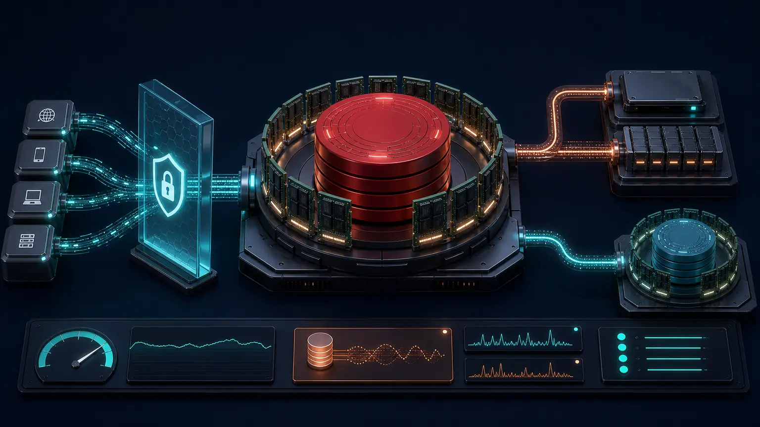Secured Redis data node surrounded by memory, persistence, replication, and latency monitoring paths