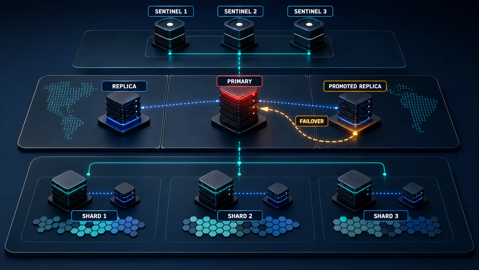 Labeled Redis topology showing three Sentinel observers, replica-to-primary failover, a promoted replica, and three cluster shards