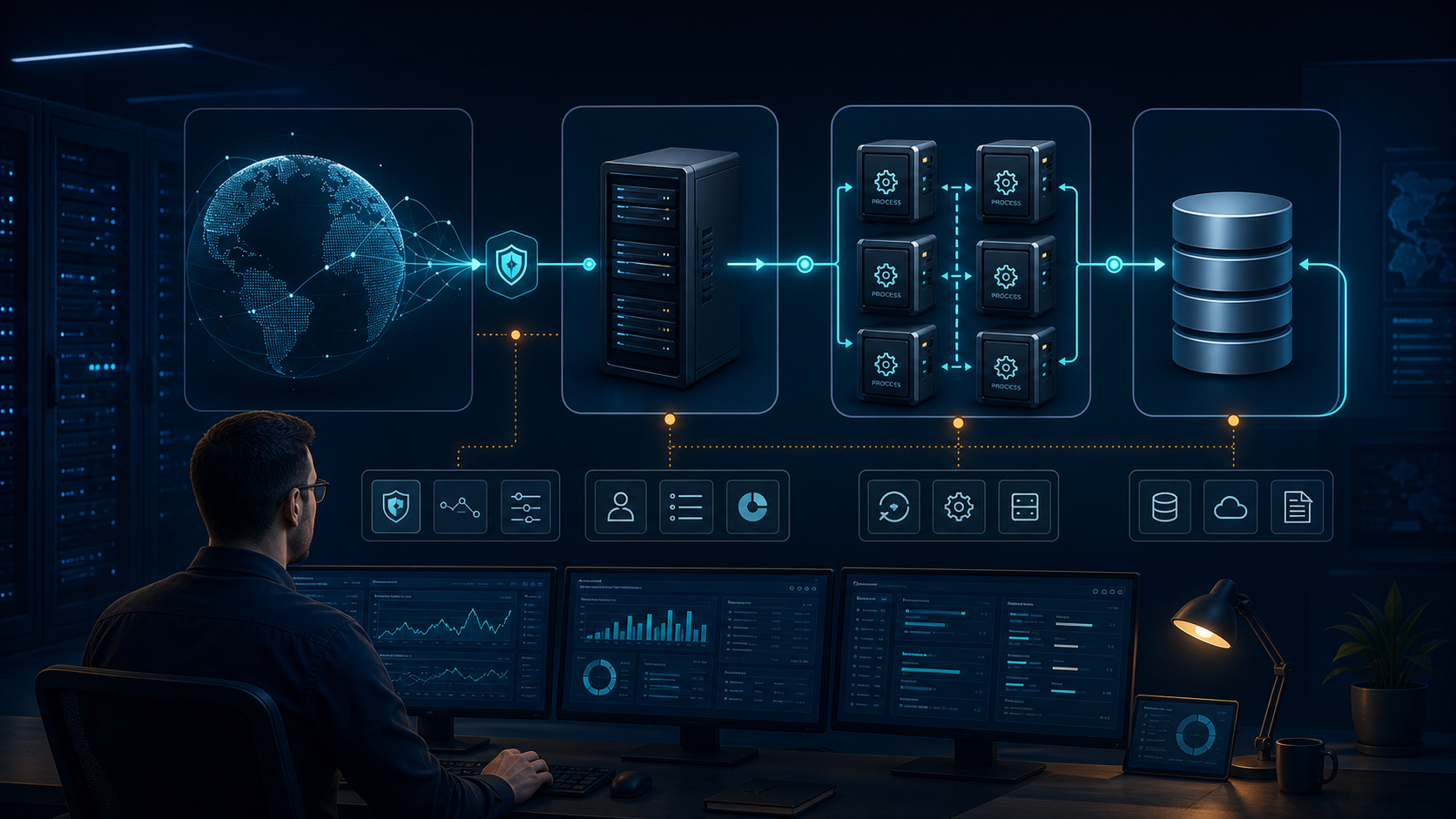 Administrator monitoring a protected request path through internet edge, Apache server, isolated PHP workers, and a private database