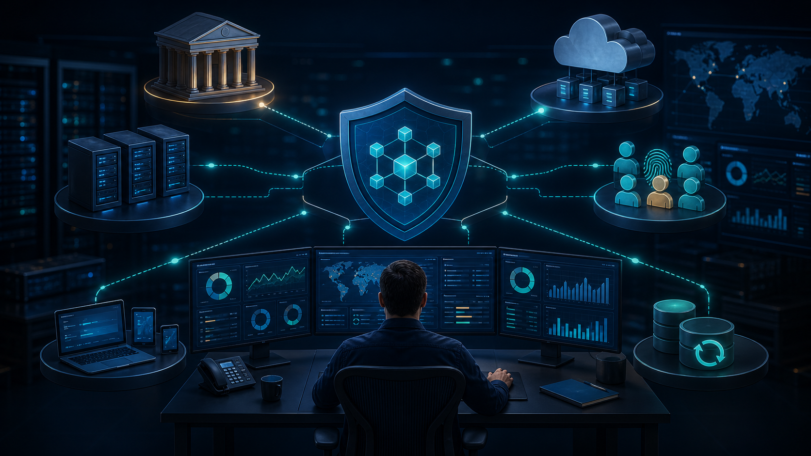 Security administrator monitoring connected governance, servers, cloud services, identities, endpoints, and protected recovery systems
