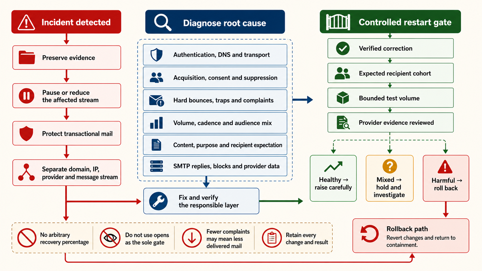 Sender reputation recovery from containment and evidence preservation through root cause correction bounded restart provider gates and rollback