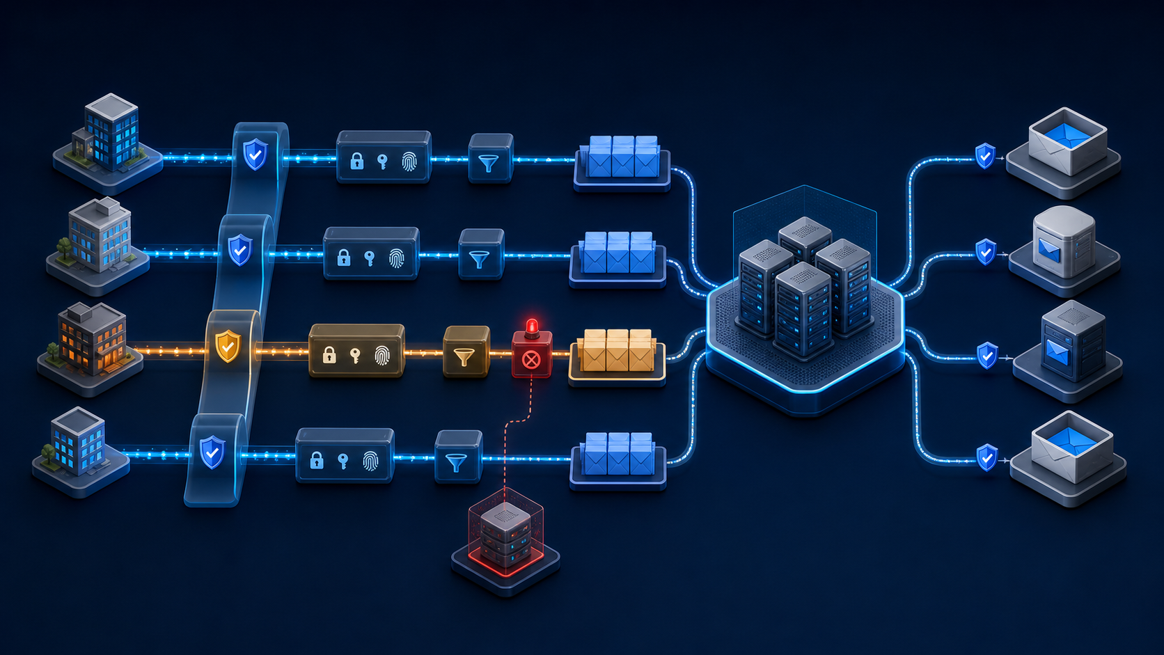 Isolated tenant email streams passing through authentication gates and queues into a monitored shared sending pool, with one risky stream quarantined