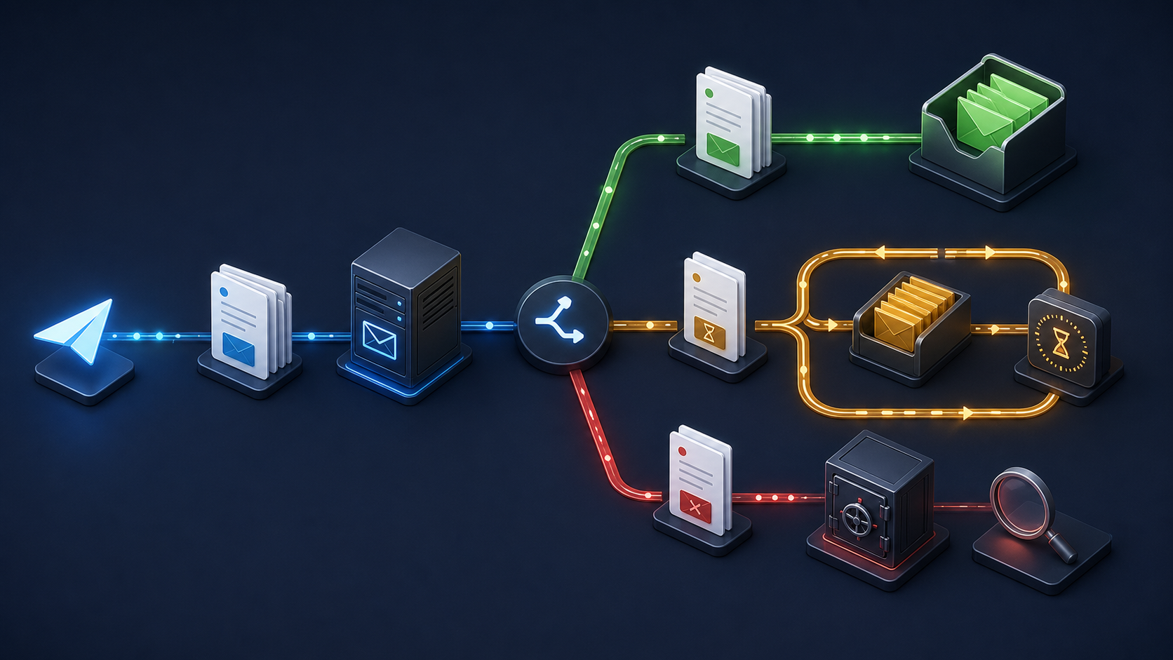 Email delivery decision path separating successful delivery, temporary retry, and permanent suppression with investigation