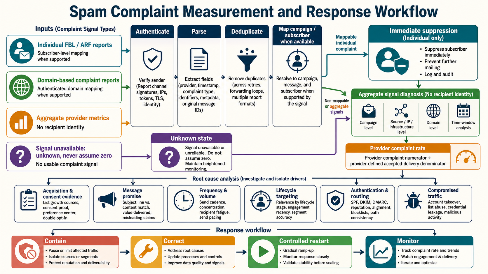 Spam complaint pipeline from mailbox feedback through authenticated processing suppression source diagnosis program correction and provider monitoring
