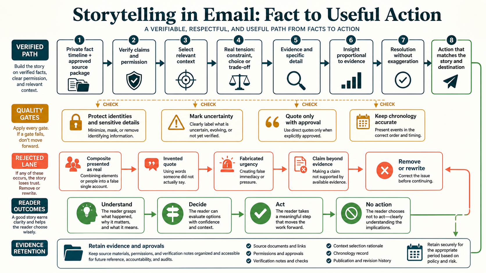 Email story structure moving from audience context through change tension evidence insight resolution and relevant reader action