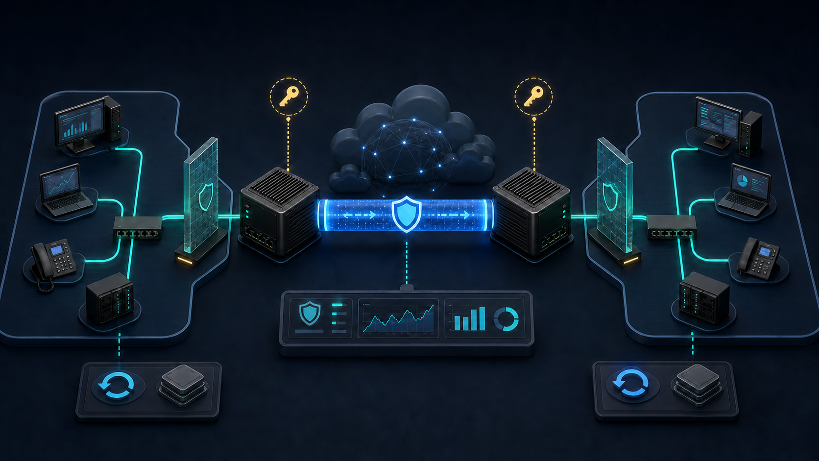 Two private office networks connected through plain VPN gateways by one monitored encrypted site-to-site tunnel