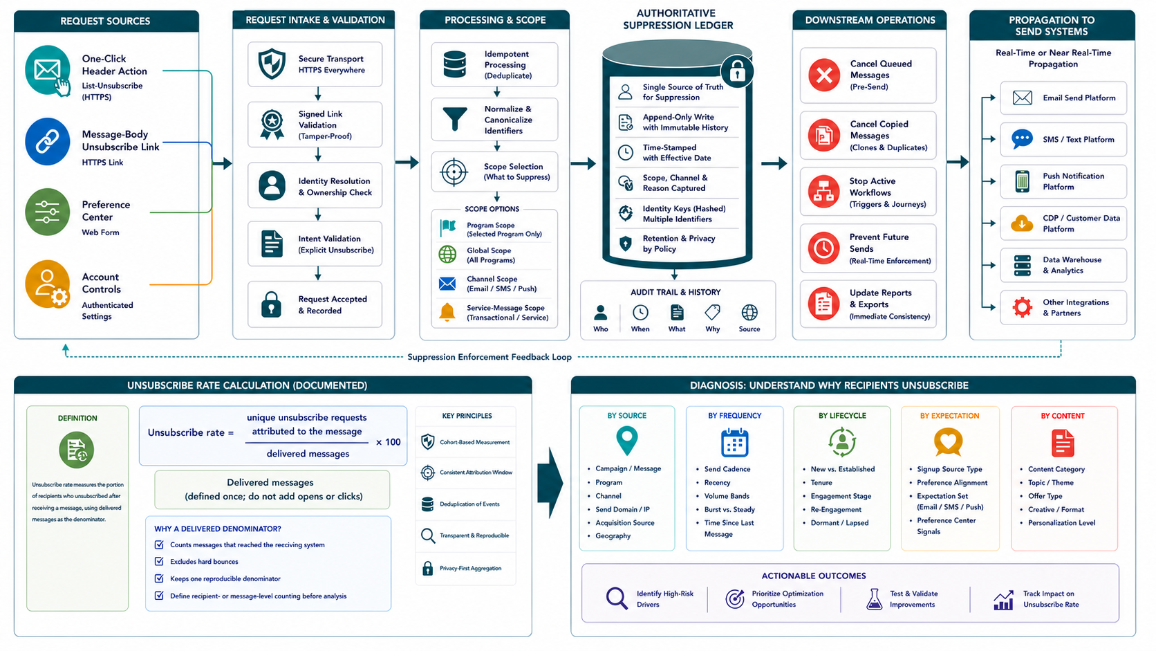 Unsubscribe event pipeline from simple recipient choice through immediate suppression scope validation cohort diagnosis preference analysis and program correction