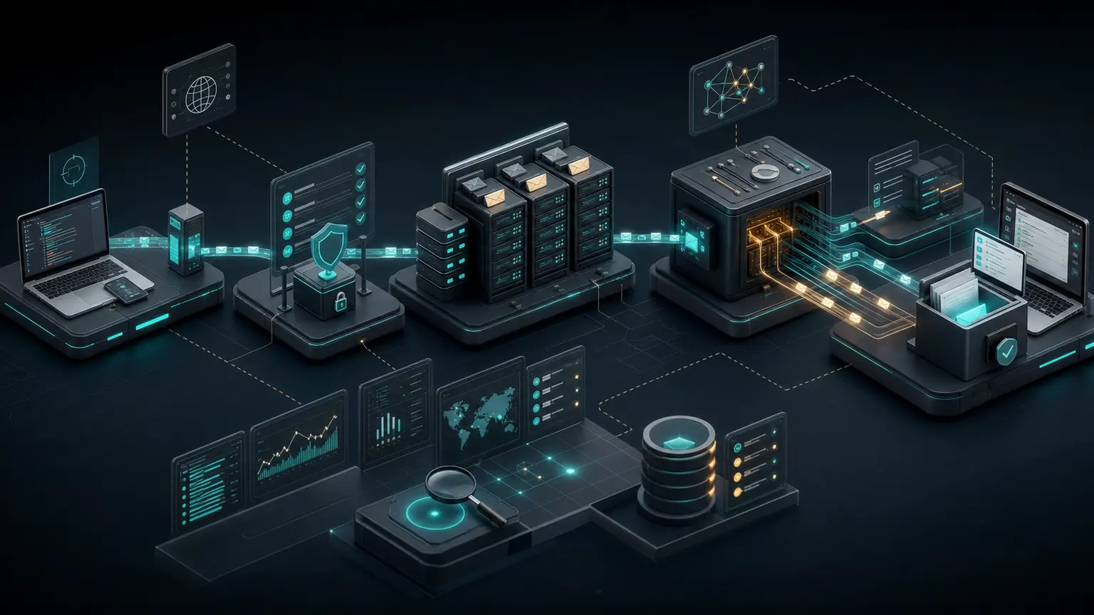 Email operations path connecting sender identity, authentication, mail servers, provider decisions, monitoring evidence, and inbox validation