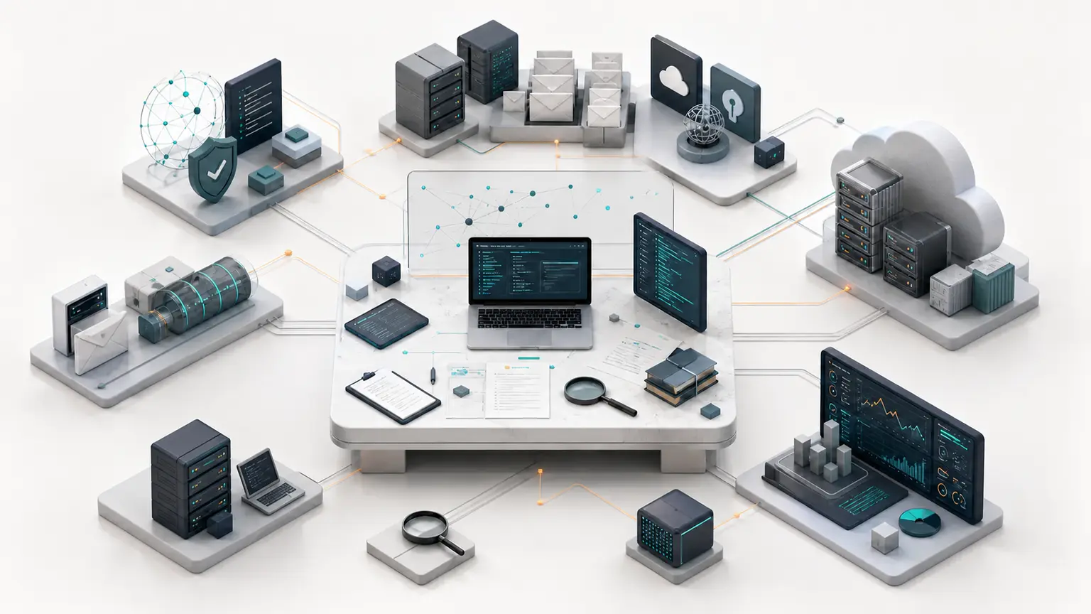 Technical consulting workspace connecting email identity, mail transport, Linux, cloud, monitoring, and operating evidence