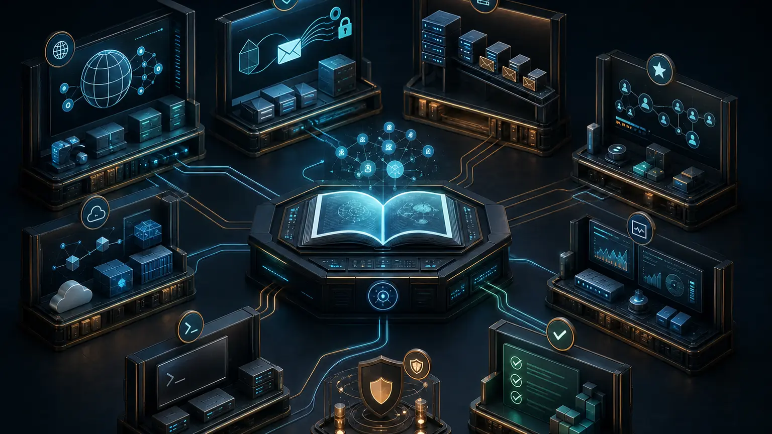 Technical knowledge system connecting email identity, secure mail flow, servers, cloud operations, monitoring, and runbooks